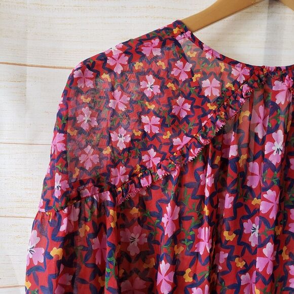 Saloni Pixie Silk Chiffon Floral Print Ruffled Mini Dress Size 6 Pink Red - Picture 10 of 16